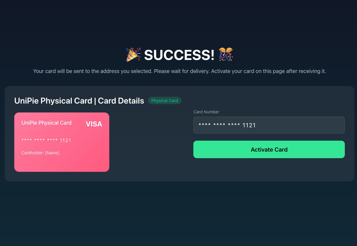 Physical card activation screenshot