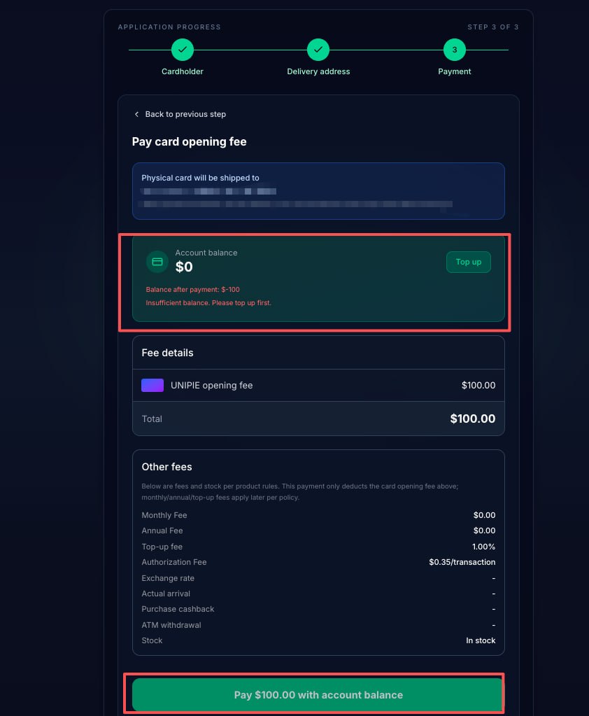 Fee confirmation screenshot