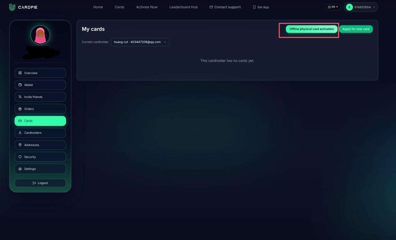 Offline physical card activation entry