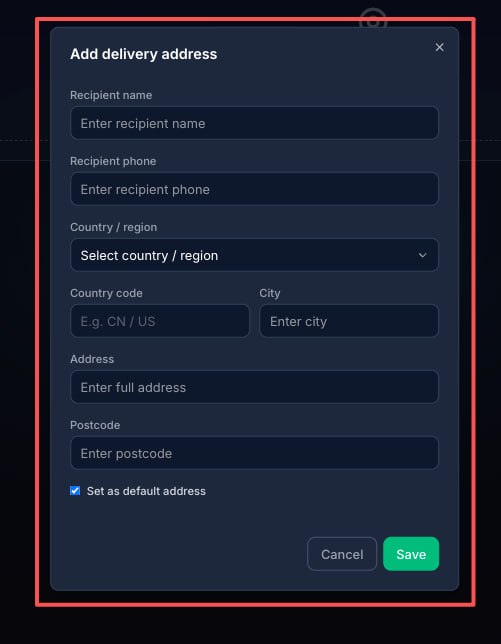 Shipping address form screenshot