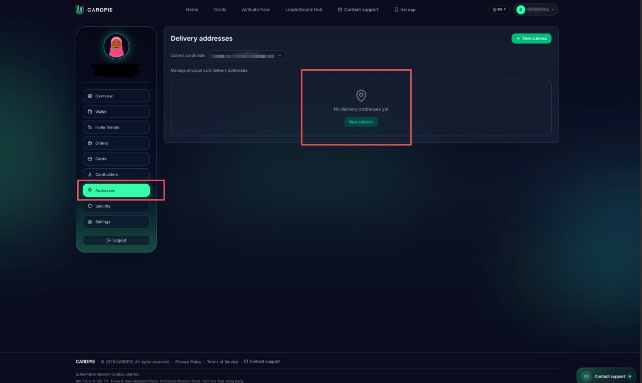 Shipping address page screenshot